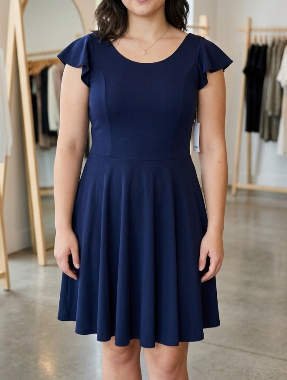 Un Deux Trois Navy Blue Flutter Sleeve Fit & Flare Dress Size 16